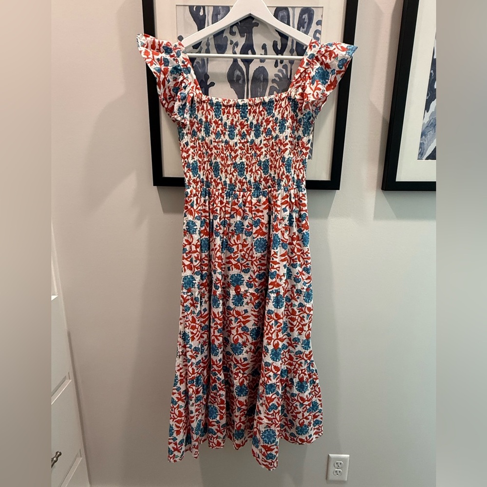 Victoria Dunn Smocked Midi Dress | Red Blue Floral | Ruffle Strap Boho- M